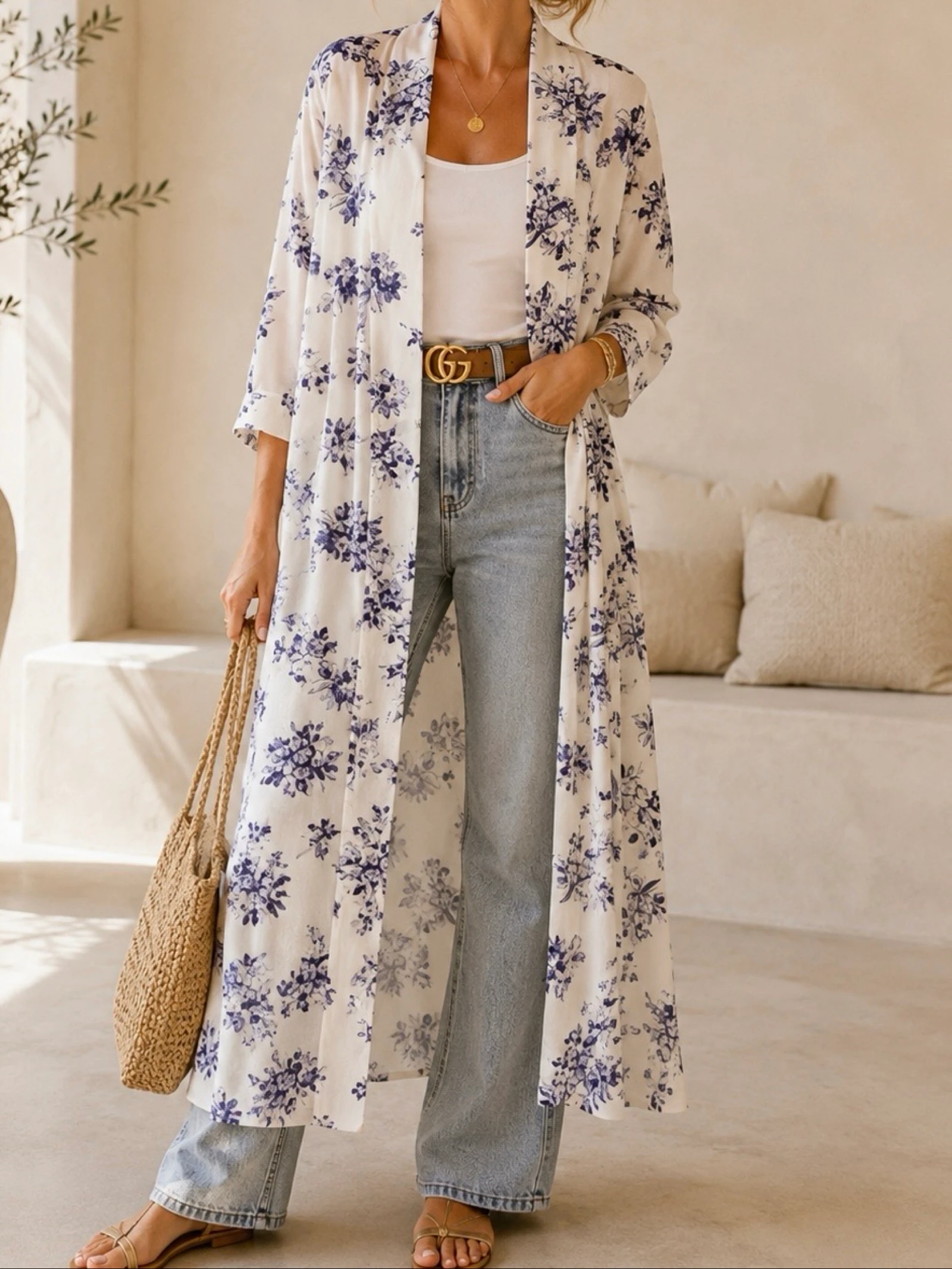 Les Jumelles maxi kimono floral print 100% viscose off white lilac – photo 2